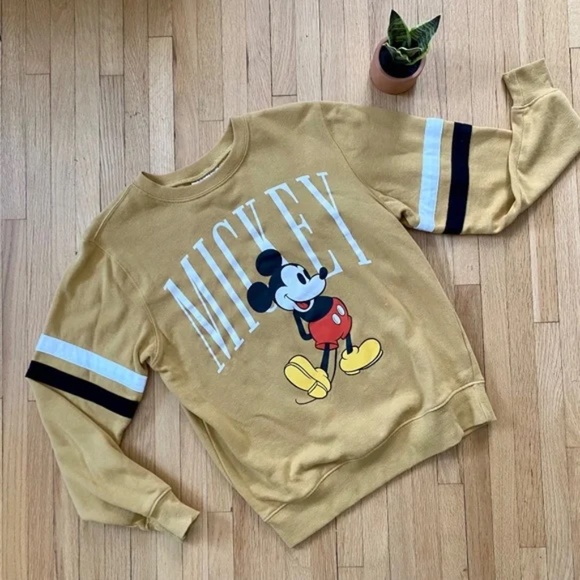 Disney Mickey Mouse Crew Neck Retro Mustard Yellow Sweatshirt Size XS - Picture 2 of 11